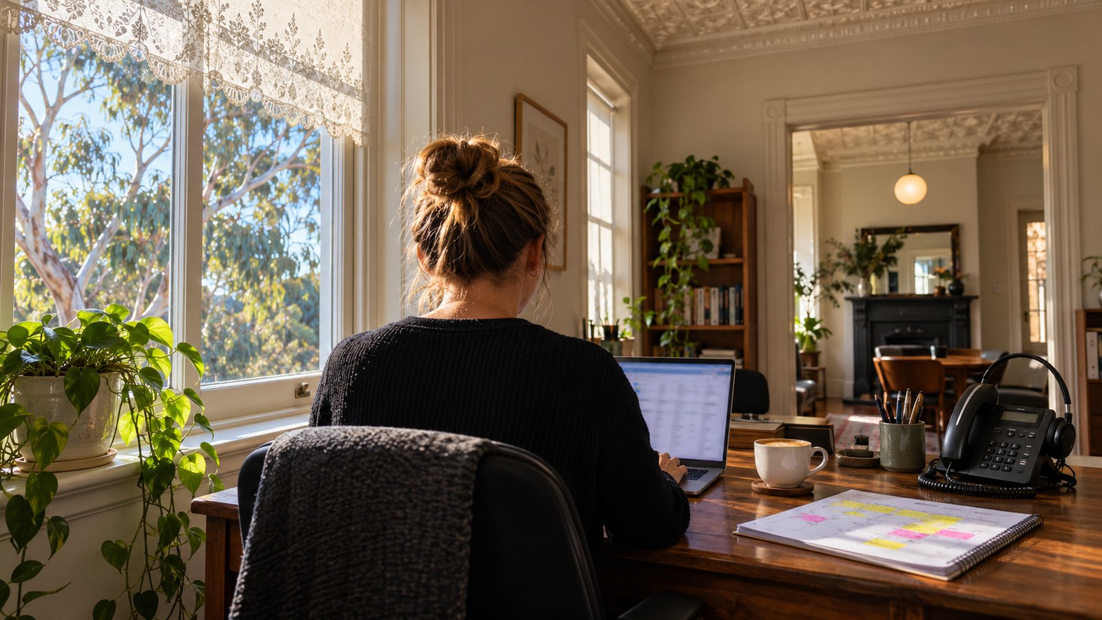 Office manager reading overnight call summaries on a laptop beside a printed roster in morning light